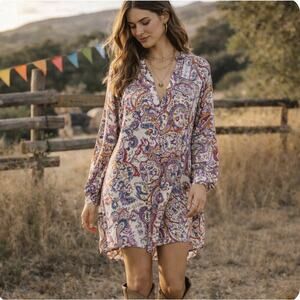 Anthropologie 11•1• TYLHO Sz L Pink Paisley Pintuck V Neck Btn Tuck Back Tunic